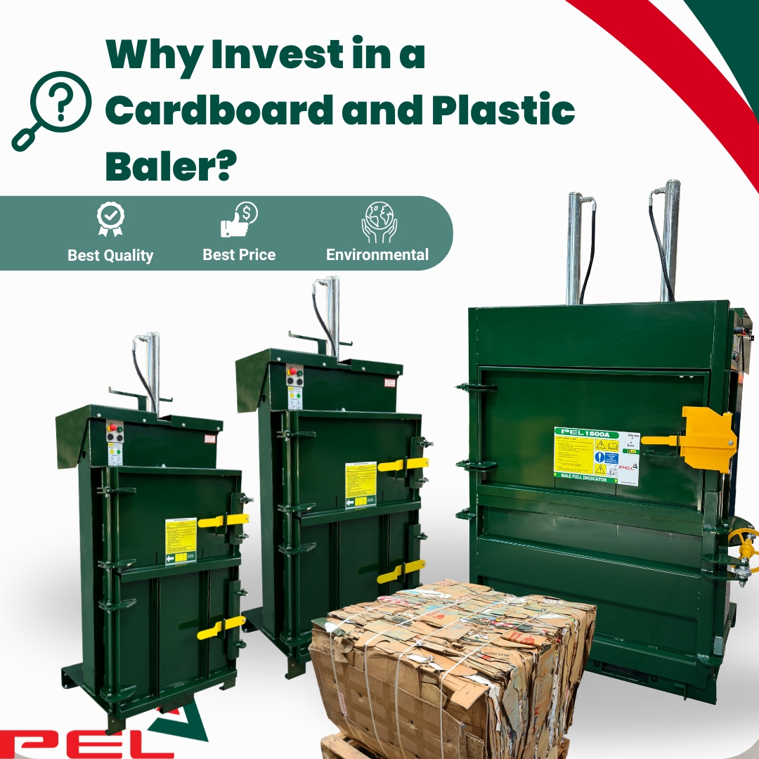 text why invest in a cardboard and plastic baler. icons stating environmental best price and best quality. Features picture of three sizes of green balers and a cardboard bale