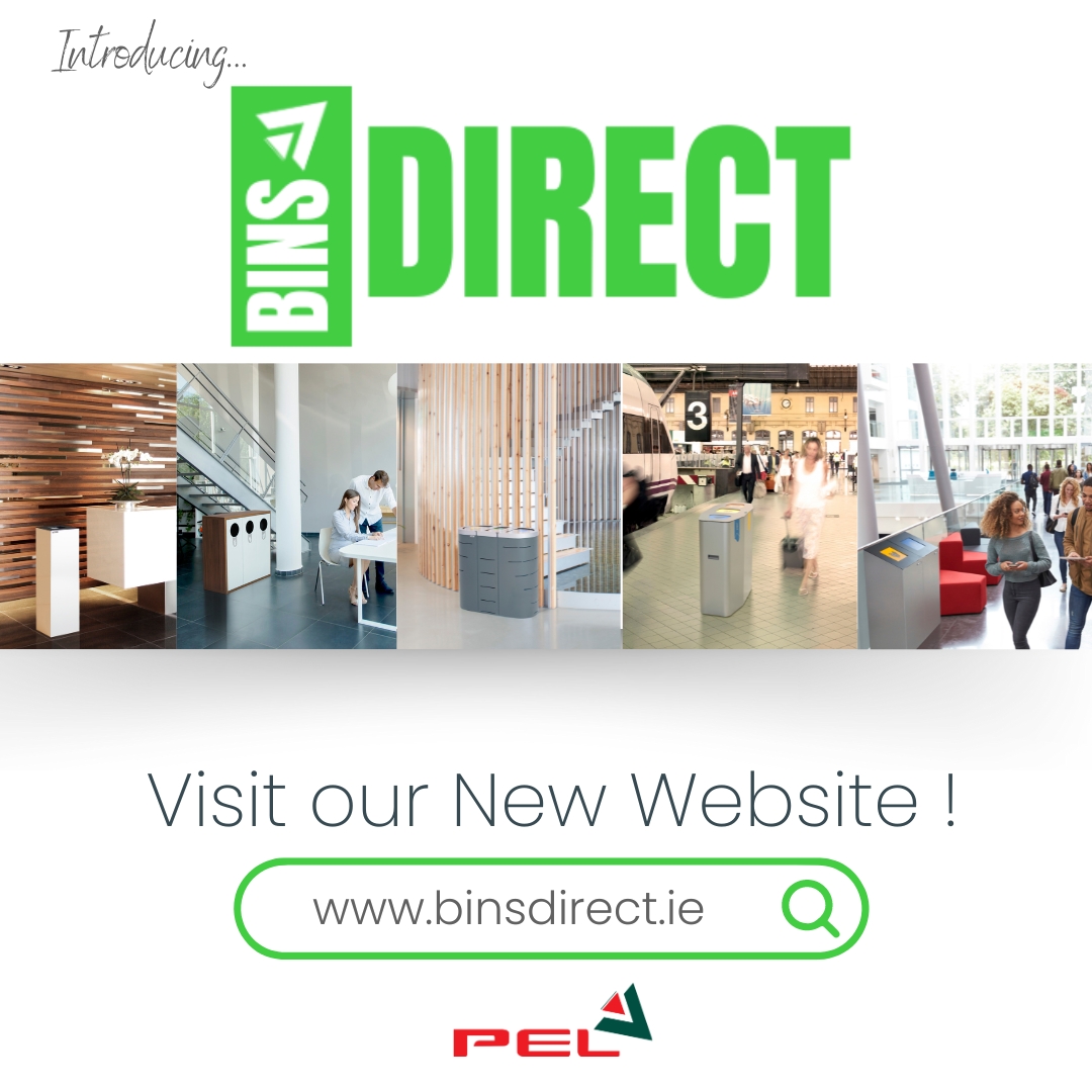 Bins direct annoucement, large binsdirect green logo with 5 images of bins in various settings below, visit our new website www.binsdirect.ie below images and pel logo